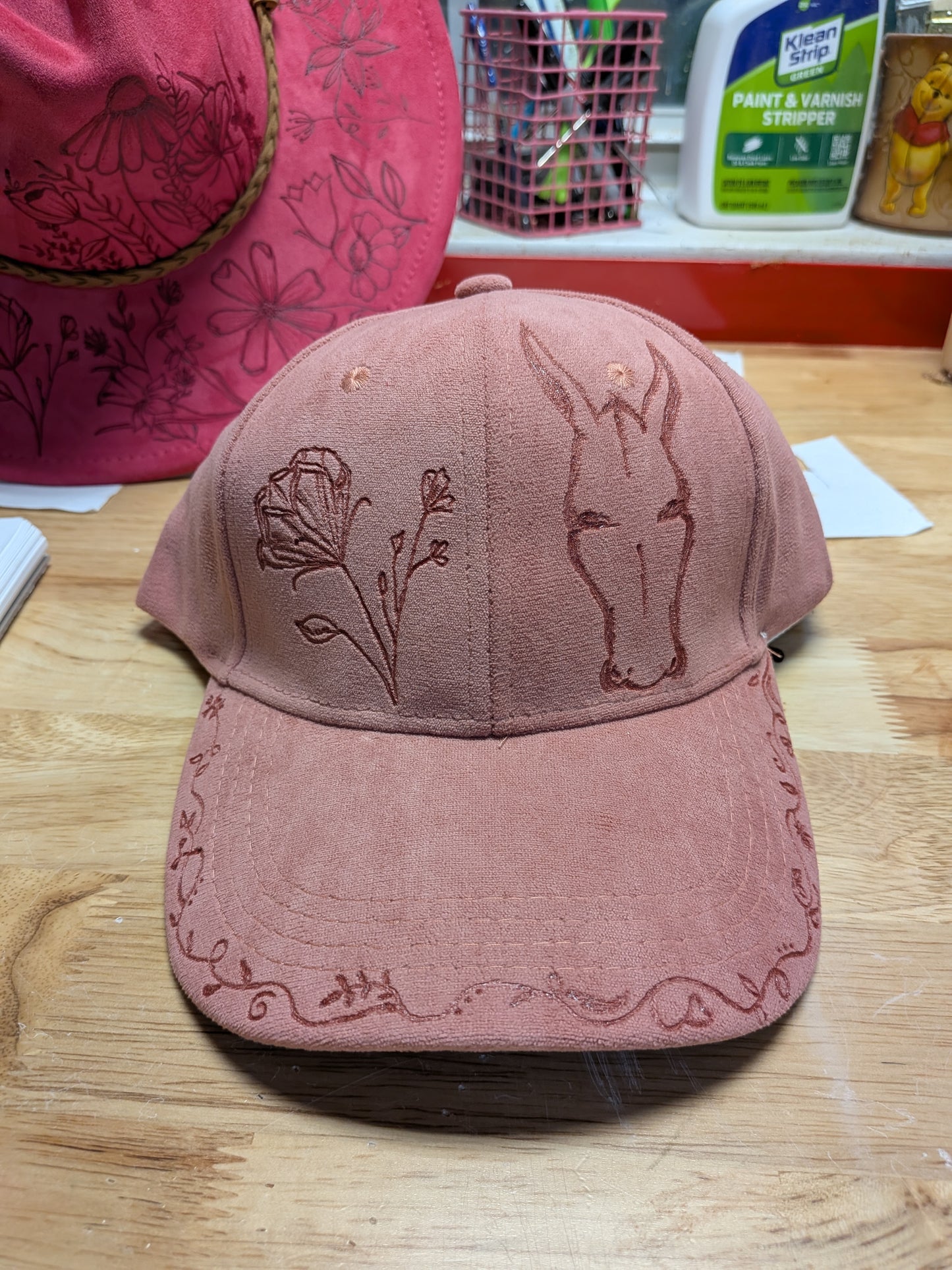 Ladies Pink Suede Mule/Floral Cap