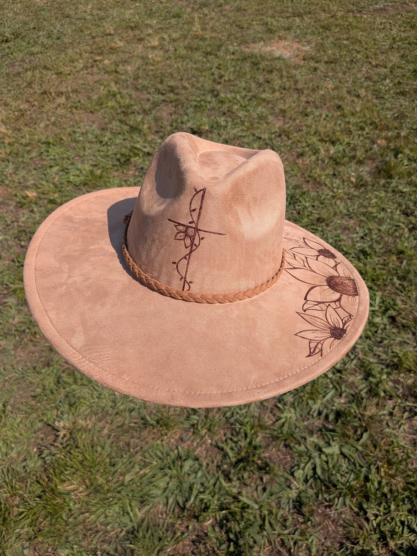 Wide Brim Hat with Cross and Flowers