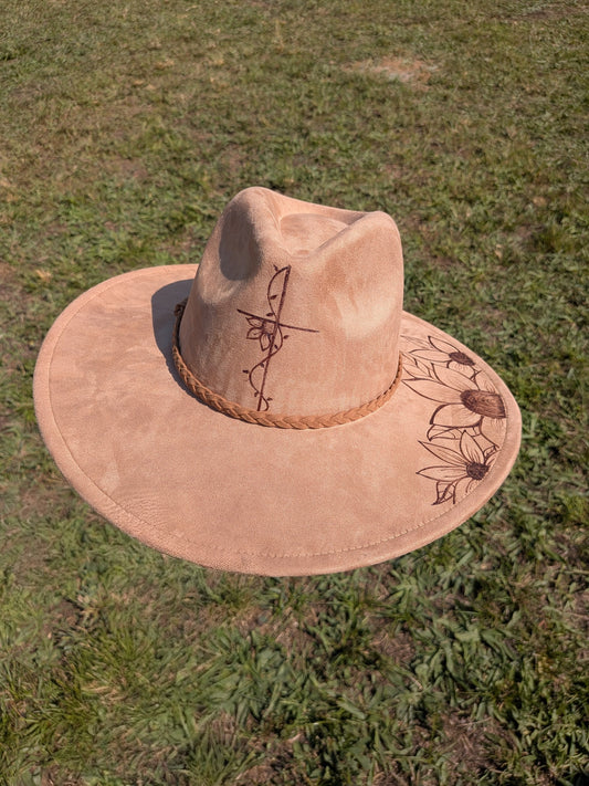 Wide Brim Hat with Cross and Flowers